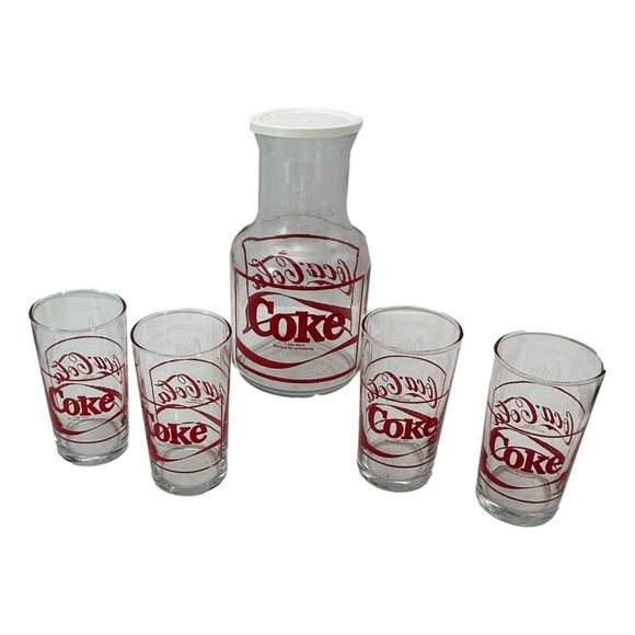 Libby St Clair Coca-Cola Glass Decanter and 4 Glasses 1987 Vintage New - Picture 5 of 16